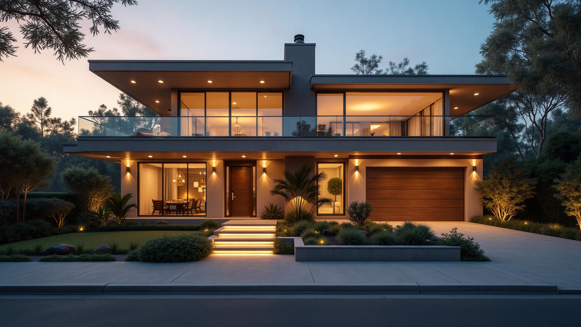 Elegant modern home exterior at golden hour