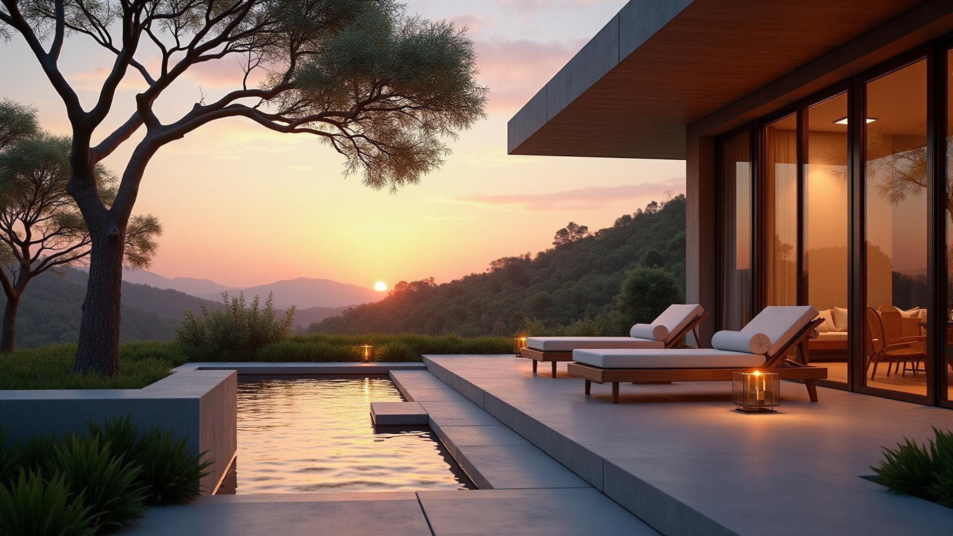 Tranquil outdoor terrace with sunset view